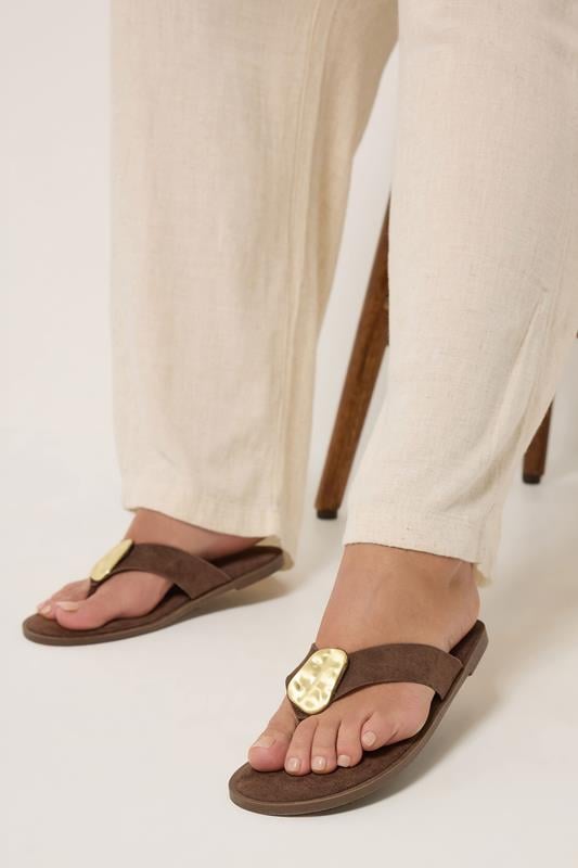  Yours Chocolate Brown Hammered Disk Sandals In Extra Wide EEE Fit