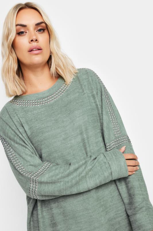 YOURS Curve Sage Green Marl Stud Neckline Embellished Jumper | Yours Clothing  4