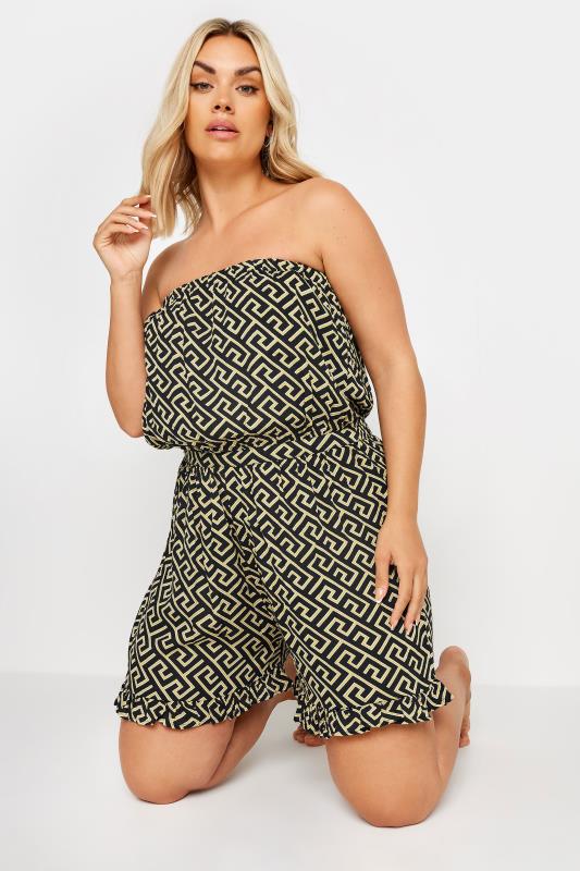 YOURS Plus Size Black Geometric Print Bandeau Playsuit | Yours Clothing 1