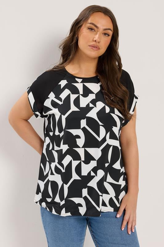  YOURS Curve Black Abstract Contrast Sleeve Top