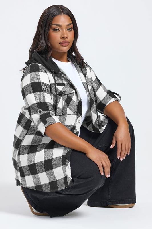 YOURS Curve Black Hooded Check Shirt
