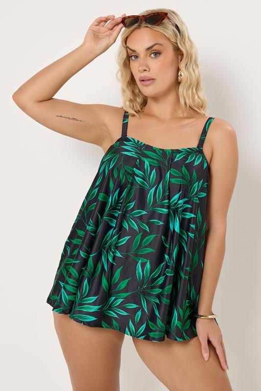 YOURS Plus Size Black Leaf Print Pleated Tankini Top | Yours Clothing 1