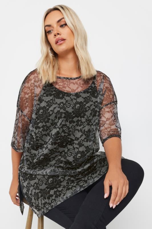 YOURS Plus Size Black & Grey Floral Print Oversized Mesh Top | Yours Clothing 1