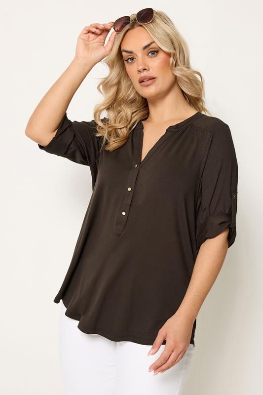YOURS Plus Size Brown Placket Top | Yours Clothing 1