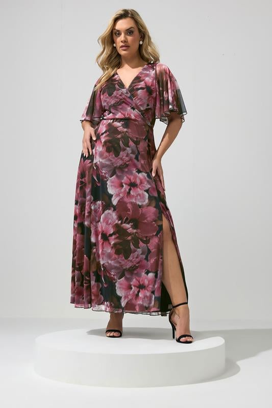 YOURS LONDON Plus Size Burgundy Red Floral Abstract Mesh Dress | Yours Clothing 1