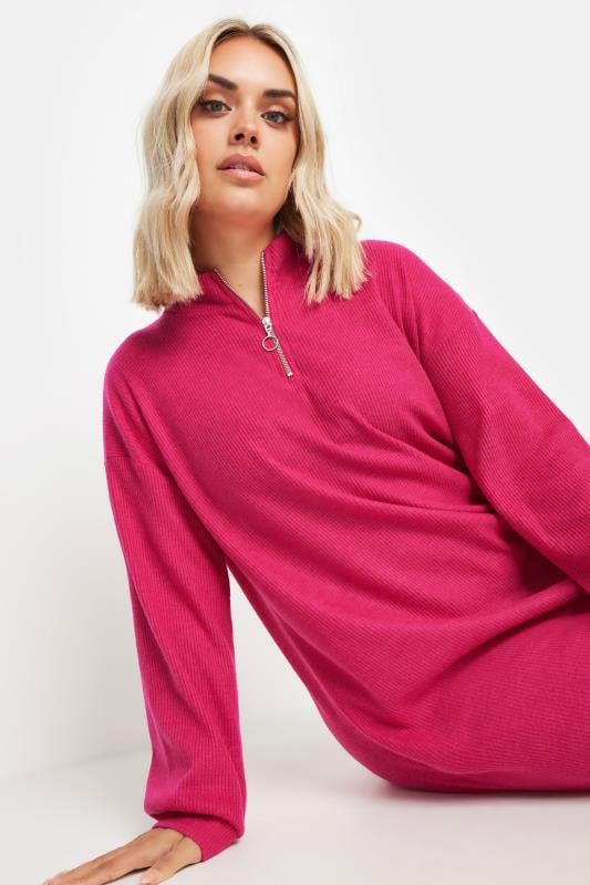 YOURS Plus Size Pink Ribbed Quarter Zip Jumper Dress | Yours Clothing 4