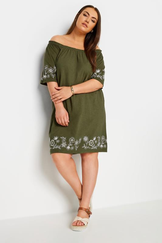 Plus Size  YOURS Curve Khaki Green Embroidered Bardot Midi Dress