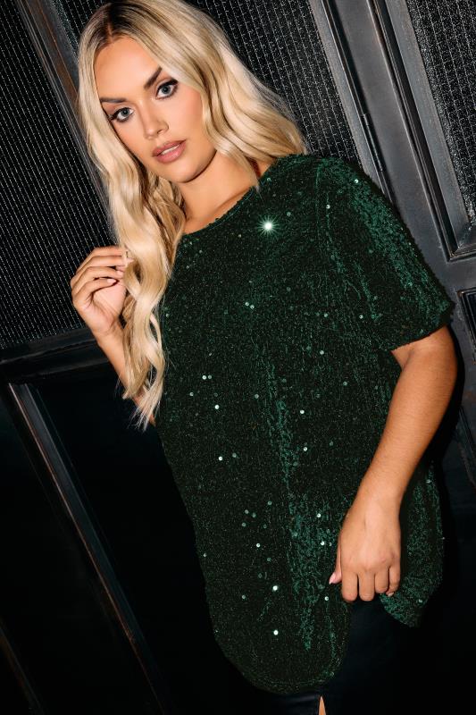 Plus Size  YOURS LONDON Curve Emerald Green Velvet Sequin Top