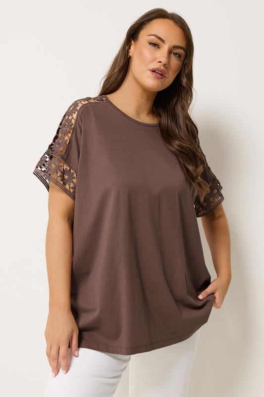 YOURS Plus Size Brown Crochet T-Shirt | Yours Clothing 1