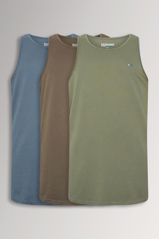 BadRhino Big & Tall 3 PACK Green/Blue/Brown Plain Vest Tops | BadRhino 1