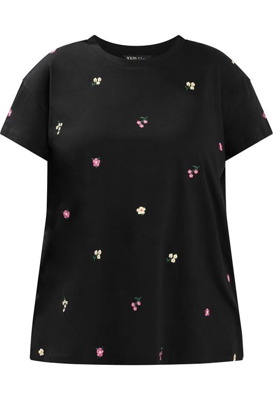YOURS Plus Size Black Embroidery Blossom T-Shirt | Yours Clothing 5