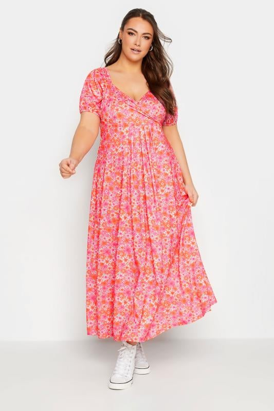 Yours Curve Plus Size Pink Floral Wrap Maxi Dress | Yours Clothing  1