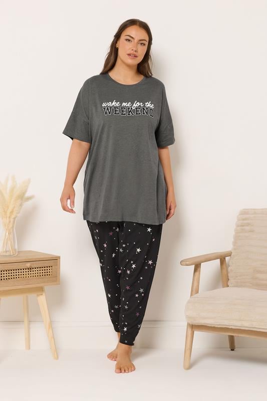 YOURS Plus Size Grey 'Wake Me For The Weekend' Slogan Pyjama Top | Yours Clothing 4