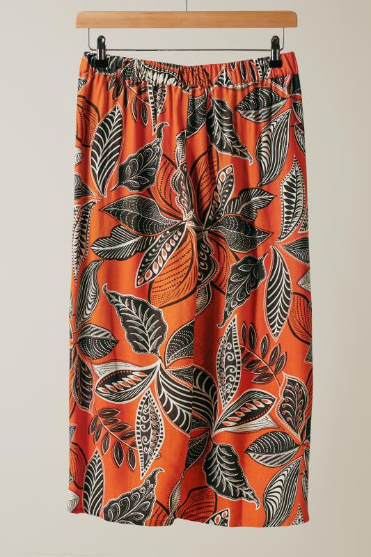EVANS Plus Size Orange Leaf Print Linen Midi Skirt | Evans 7