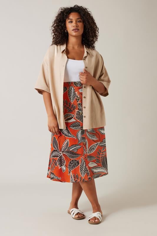 EVANS Plus Size Orange Leaf Print Linen Midi Skirt | Evans 3