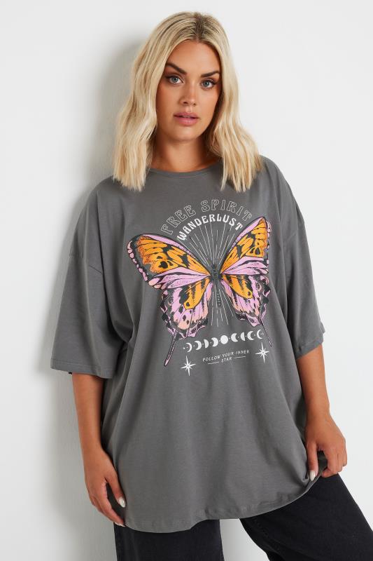 YOURS Plus Size Grey 'Free Spirit' Slogan Oversized T-Shirt | Yours Clothing 1