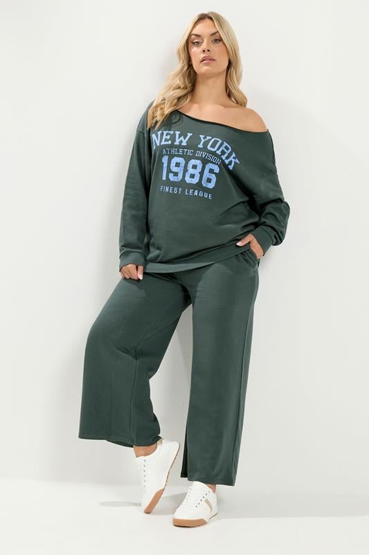YOURS Plus Size Grey 'New York' Off Shoulder Sweatshirt & Jogger Set | Yours Clothing 1