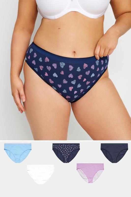Plus Size  YOURS 5 PACK Curve Navy Blue Heart Print High Leg Knickers