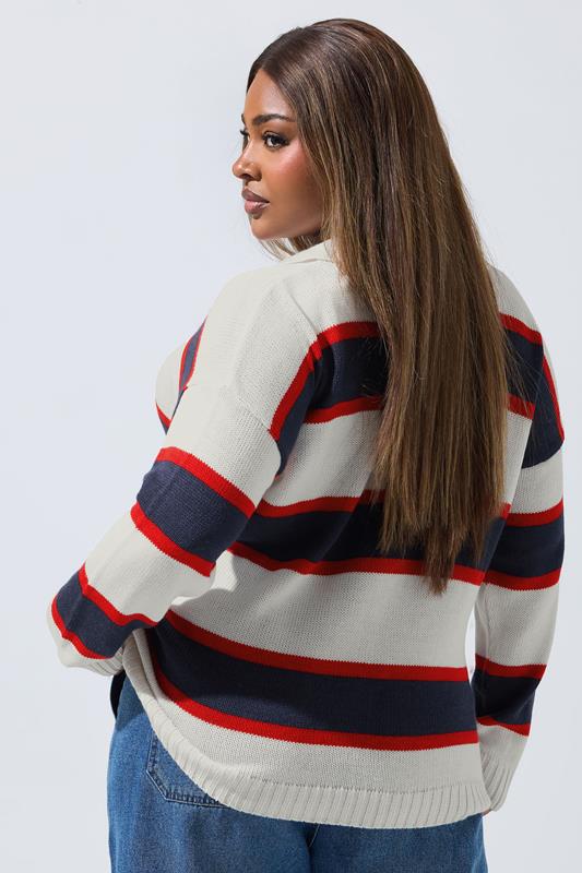 LIMITED COLLECTION Plus Size White Stripe Rugby Collar Knitted Jumper | Yours Clothing 2