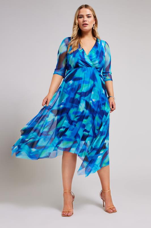 Plus Size  YOURS LONDON Curve Blue Abstract Print Wrap Mesh Dress