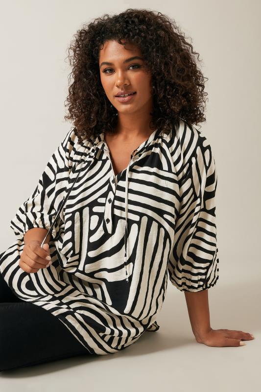 EVANS Plus Size Black & White Abstract Print Tie Neck Blouse | Evans  4