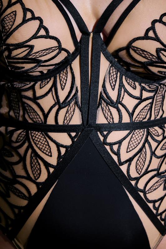 PLAYFUL PROMISES Plus Size Black Floral Embroidered Strappy Bodysuit | Yours Clothing 4