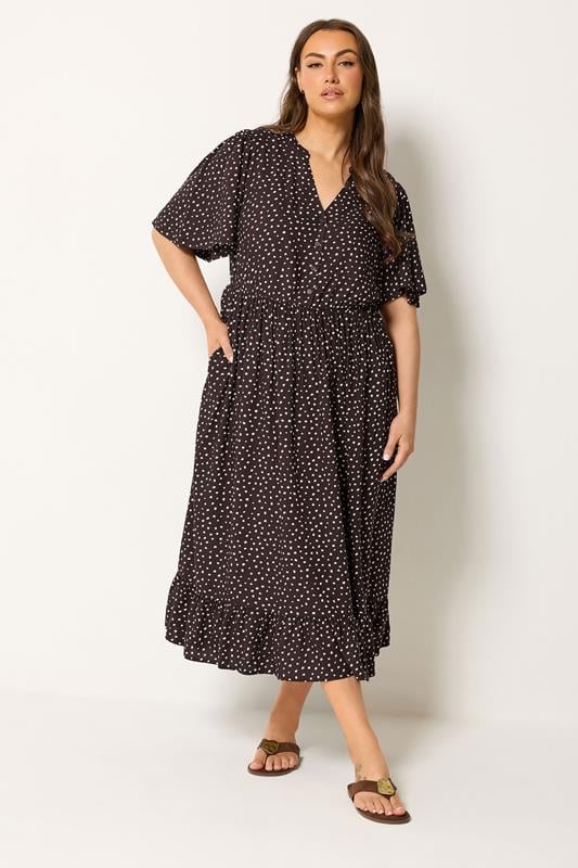  YOURS Curve Brown Spot Print Notch Neck Maxi Dress