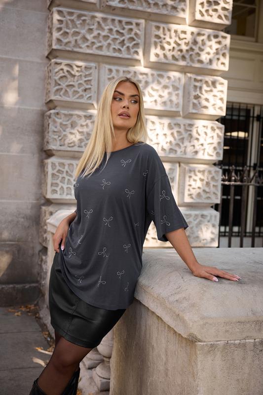 YOURS Curve Grey Embellished Bow Oversized T-Shirt