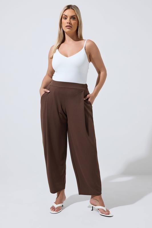 LIMITED COLLECTION Plus Size Chocolate Brown Pleated Barrel Leg Trousers | Yours Clothing 1