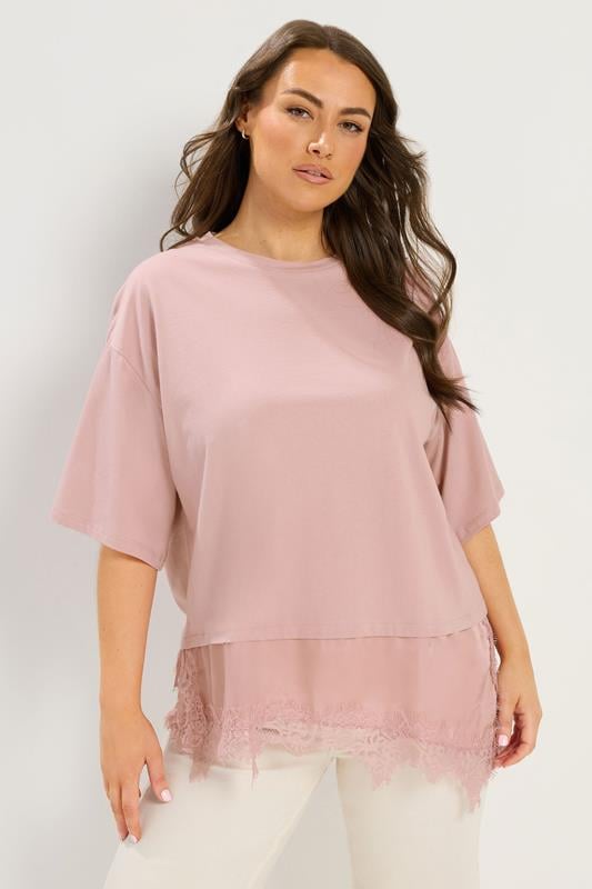  YOURS Curve Pink Satin Lace Trim T-Shirt