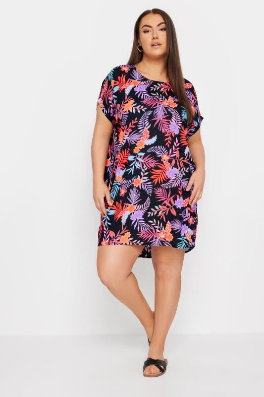 YOURS Plus Size Black Tropical Print Shift Dress | Yours Clothing 1