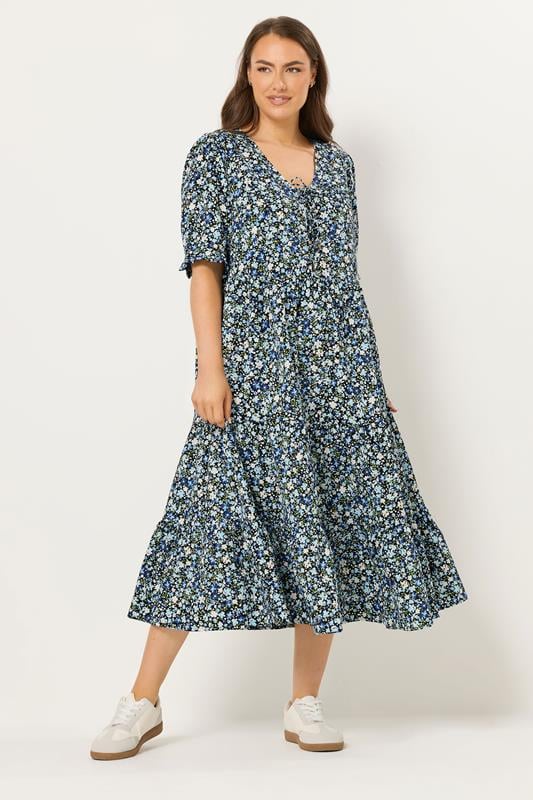  YOURS Curve Blue Ditsy Floral Tie Front Dress
