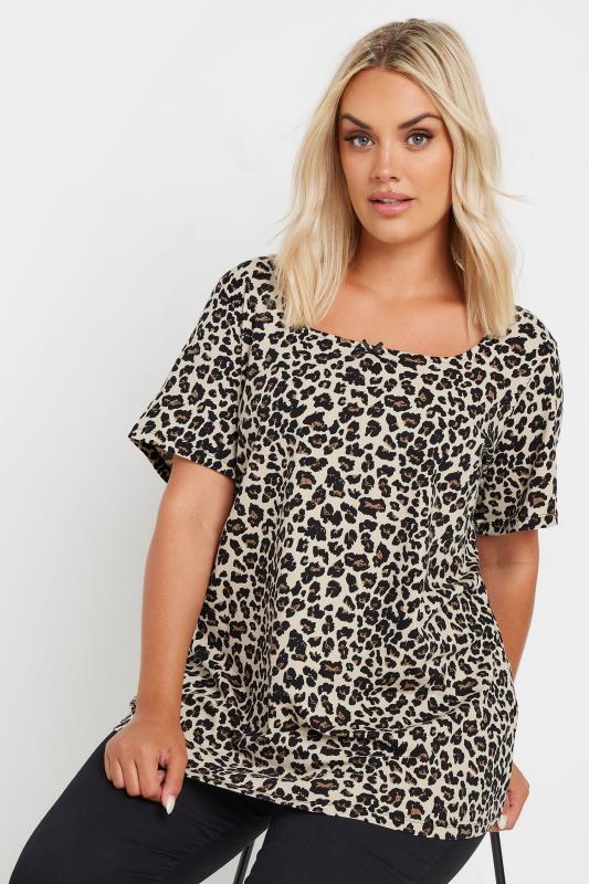 Plus Size  YOURS Curve Natural Brown Leopard Print Bow Top