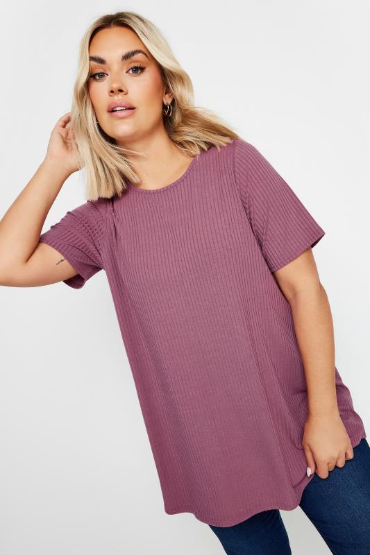 Plus Size  YOURS Curve Pink Short Sleeve Ribbed T-Shirt