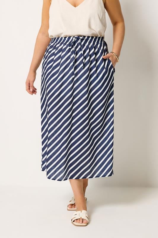  YOURS Curve Navy Blue Linen Look Stripe Skirt