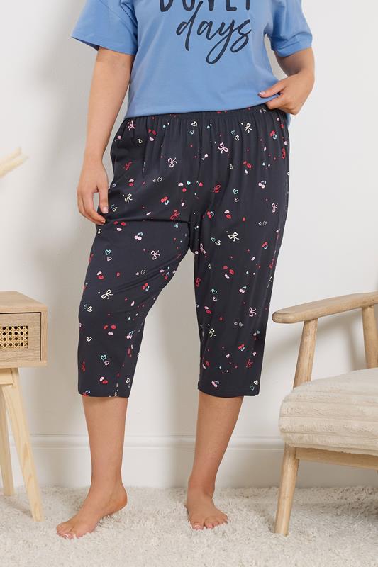  YOURS Curve Navy Blue Cherry & Bow Pyjama Bottoms