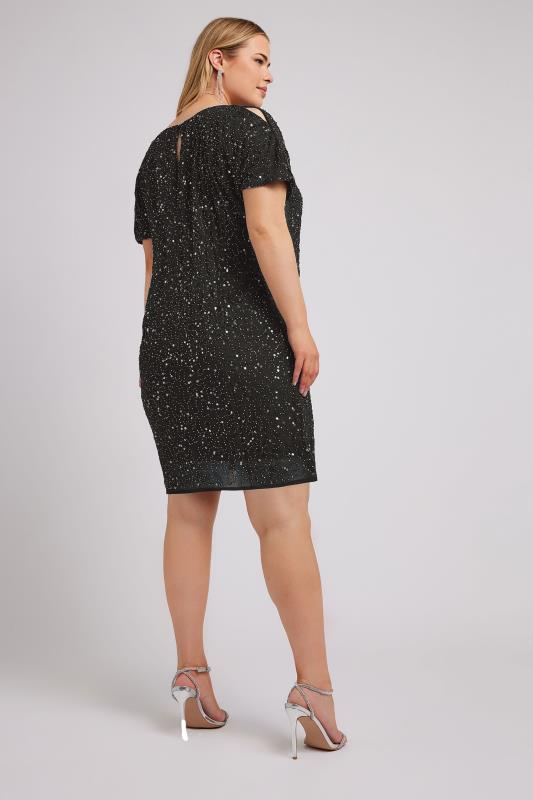 Plus Size LUXE Curve Black Sequin Hand Embellished Cold Shoulder Cape Dress | Yours Clothing 4