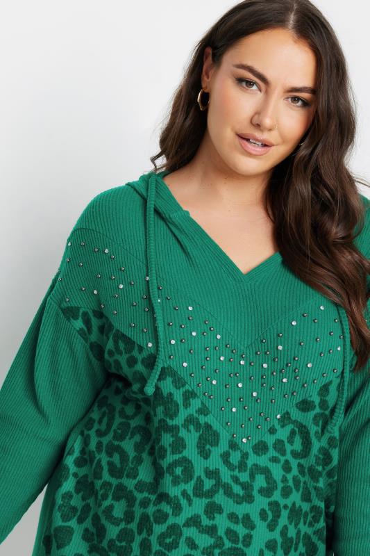 YOURS Plus Size Green Leopard Print Embellished Hoodie | Yours Clothing 4