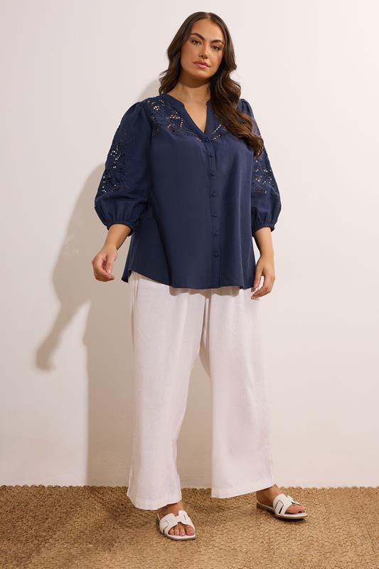 EVANS Plus Size Navy Blue Cutwork Linen Blouse | Evans 2