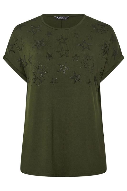 YOURS Plus Size Khaki Green Star Print Grown-On Sleeve T-Shirt | Yours Clothing 5