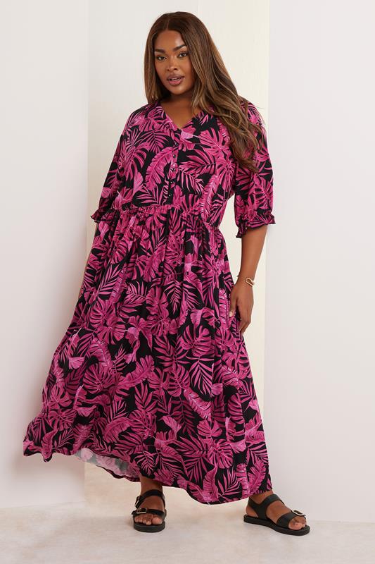  YOURS Curve Hot Pink Palm Print Button Front Maxi Dress