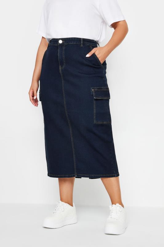 Plus Size  YOURS Curve Indigo Blue Cargo Denim Midaxi Skirt