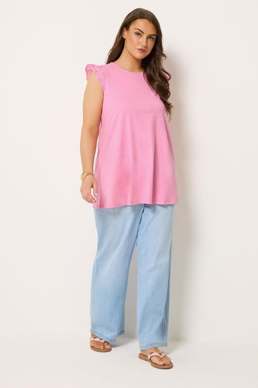 YOURS Plus Size Pink Broderie Frill Vest Top | Yours Clothing 1