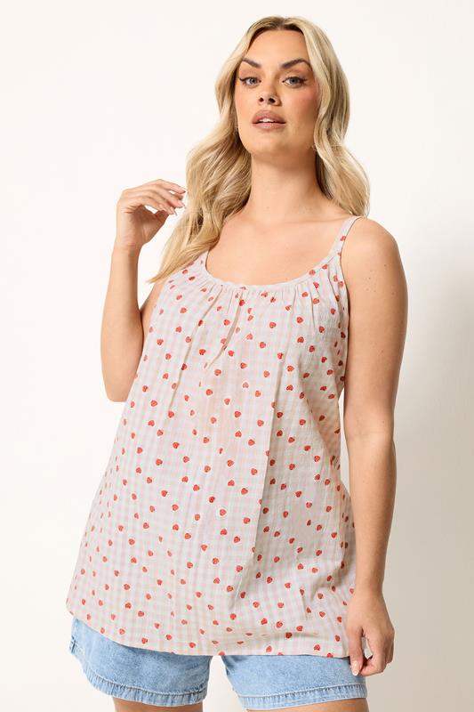 YOURS Curve Pink Gingham Strawberry Print Swing Vest | Yours Clothing  1