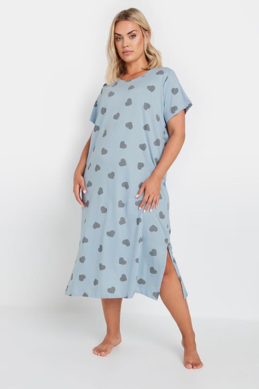 YOURS Plus Size Light Blue Heart Print Midaxi Nightdress | Yours Clothing 4