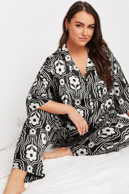 YOURS Plus Size Brown Floral Print Satin Pyjama Set | Yours Clothing 1