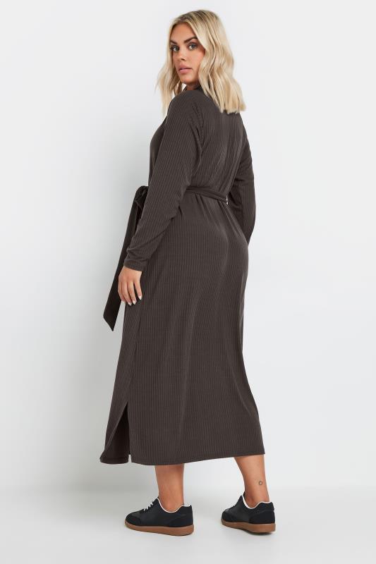 YOURS Plus Size Chocolate Brown Button Front Ribbed Tie Waist Midi Dress | Yours Clothing 3