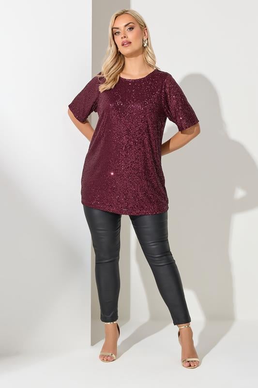 YOURS LONDON Plus Size Burgundy Red Sequin Swing Top | Yours Clothing 1