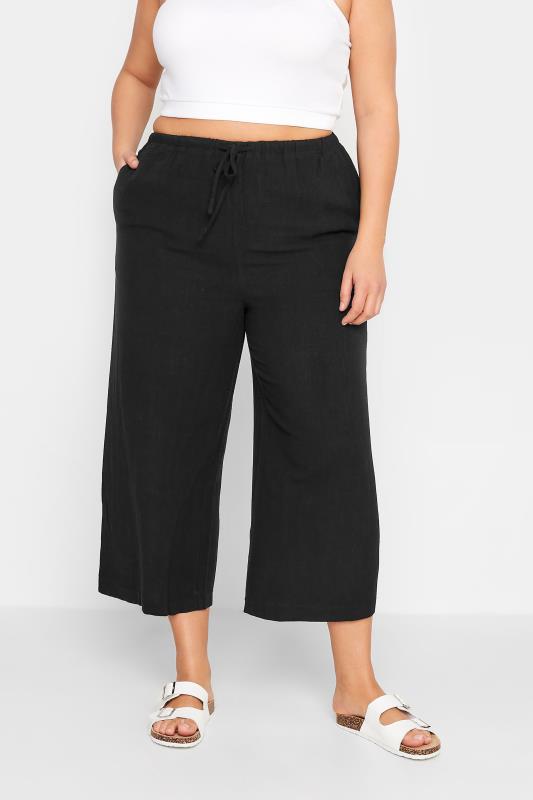 LTS Tall Black Wide Leg Cropped Linen Look Trousers 1