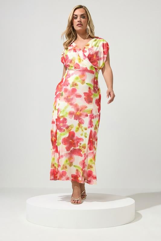  YOURS LONDON Curve White Floral Mesh Godet Hem Wrap Dress